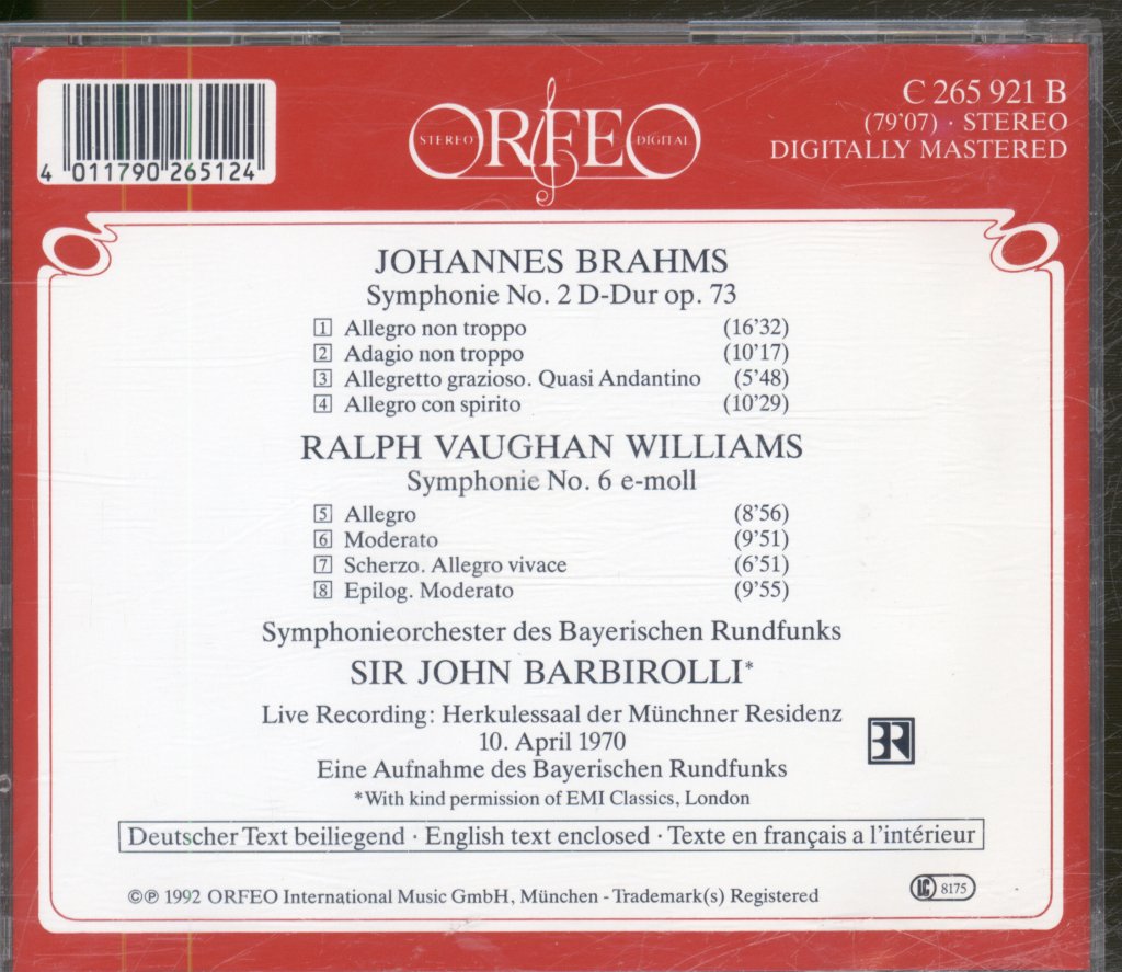 Sir John Barbirolli - Brahms • Symphonie No. 2 / Vaughan Williams • Symphonie No. 6 - Cd