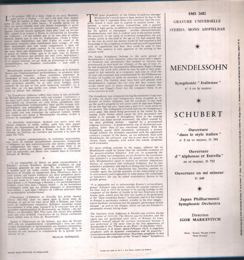 Igor Markevitch / Japan Philharmonic Symphony Orchestra - Mendelssohn - Symphonie Nr. 4 "Italienische" / Schubert - Drei Ouvertüren - Lp