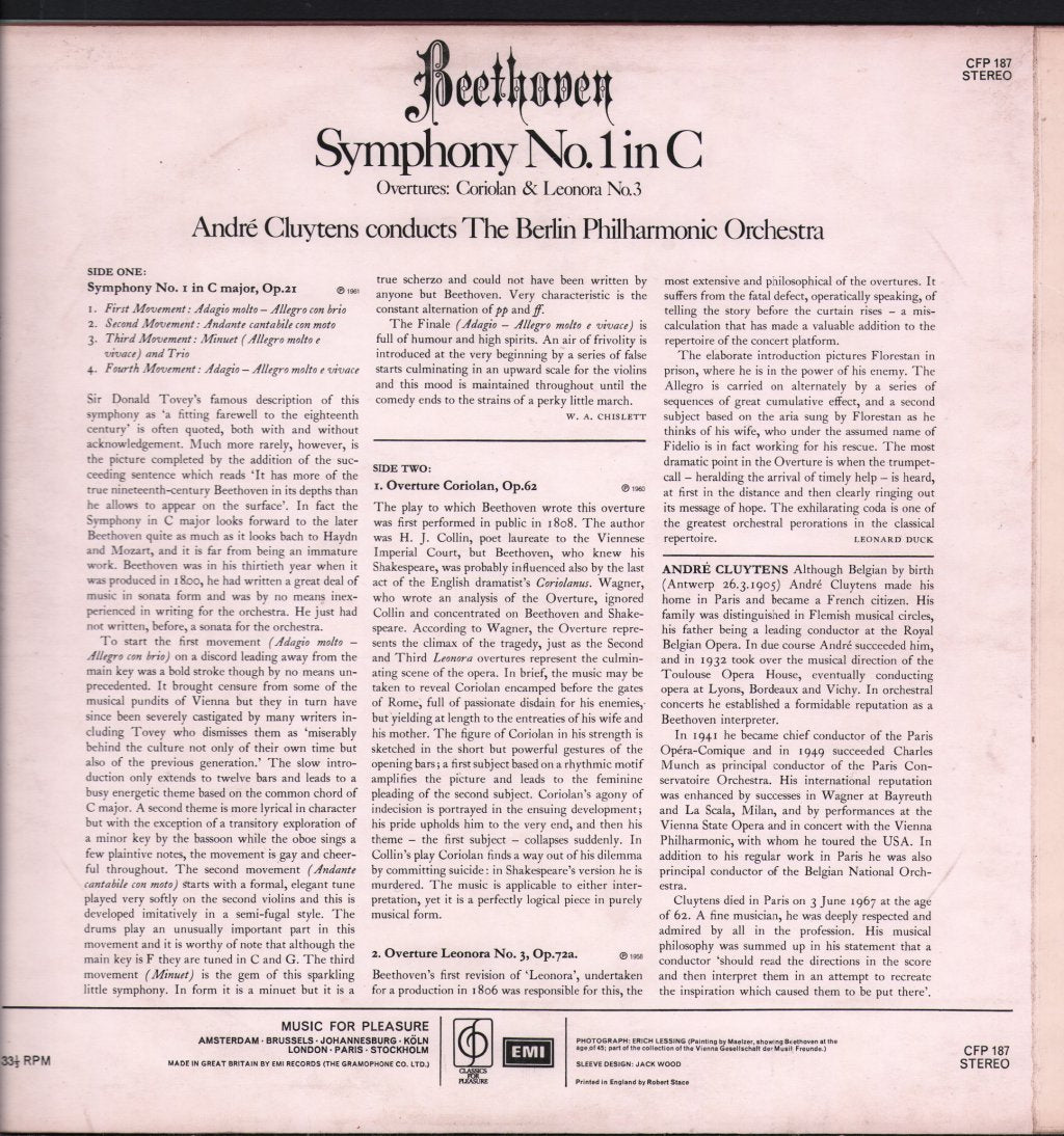 Andre Cluytens / Berlin Philharmonic Orchestra - Beethoven - Symphony No.1 In C / Overtures: Coriolan & Leonora No.3 - Lp