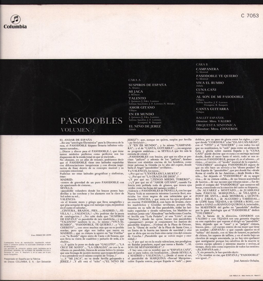 Orquesta Sinfonica Ballet Espanol / Cisneros y Valero - Pasodobles - Volumen 3 - Lp