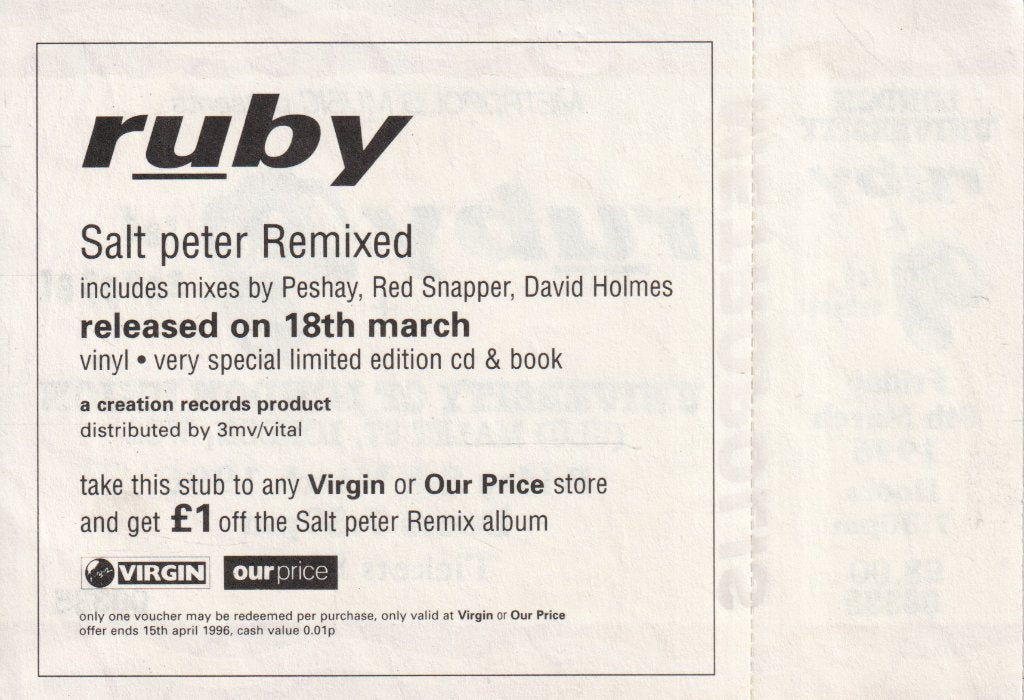 ruby / red snapper - university of london union 8th march 1996 - Ticket