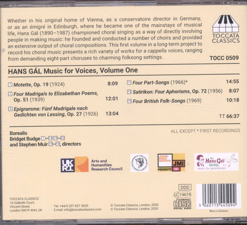 Borealis, Bridget Budge, Stephen Muir - Hans Gal - Music For Voices, Volume One - Cd