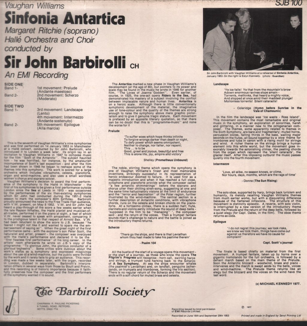 Sir John Barbirolli / Halle Orchestra - Vaughan Williams - Sinfonia Antartica - Lp