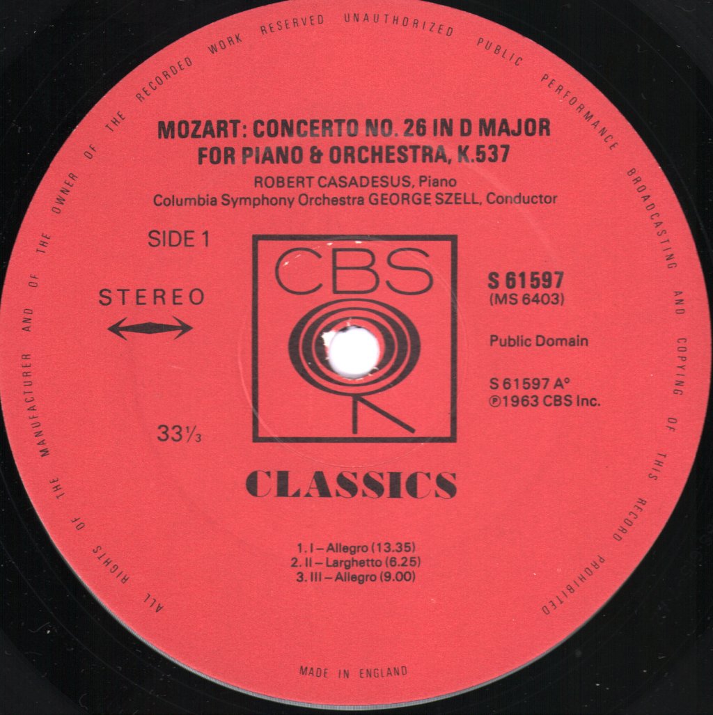 Robert Casadesus / George Szell / Columbia Symphony Orchestra - Mozart - Piano Concerto No. 26 In D Major "Coronation" / Piano Concerto No. 27 In B-Flat Major - Lp
