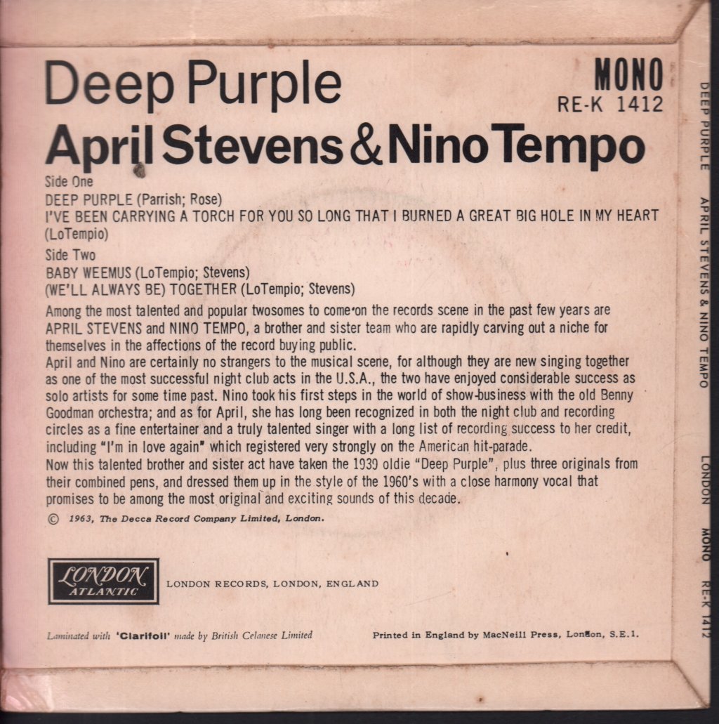 April Stevens And Nino Tempo - Deep Purple - 7 Inch