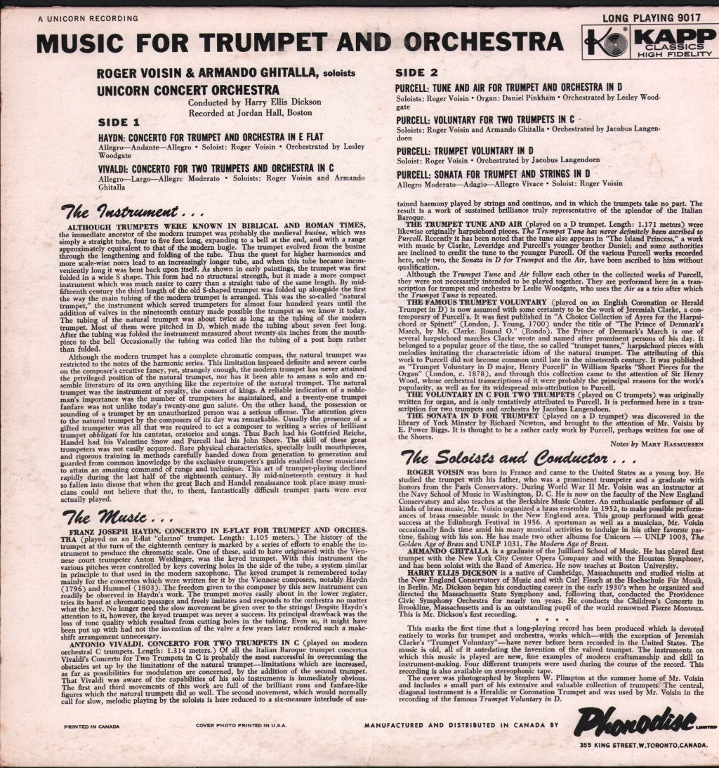 Roger Voisin / Armando Ghitalla / Harry Ellis Dickson / Unicorn Concert Orchestra - Music For Trumpet And Orchestra - Lp