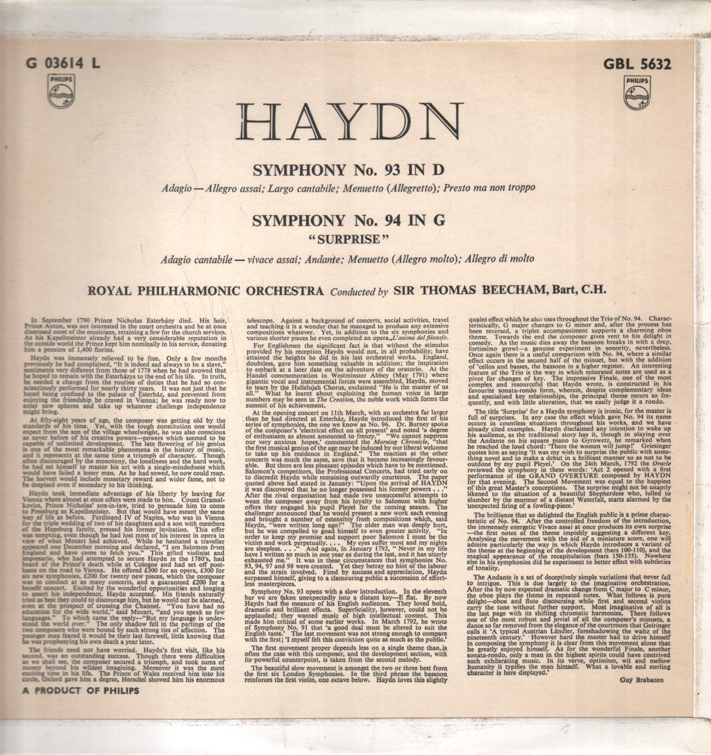 Sir Thomas Beecham / Royal Philharmonic Orchestra - Haydn - Symphony No. 93 in D / Symphony No. 94 in G “Surprise” - Lp