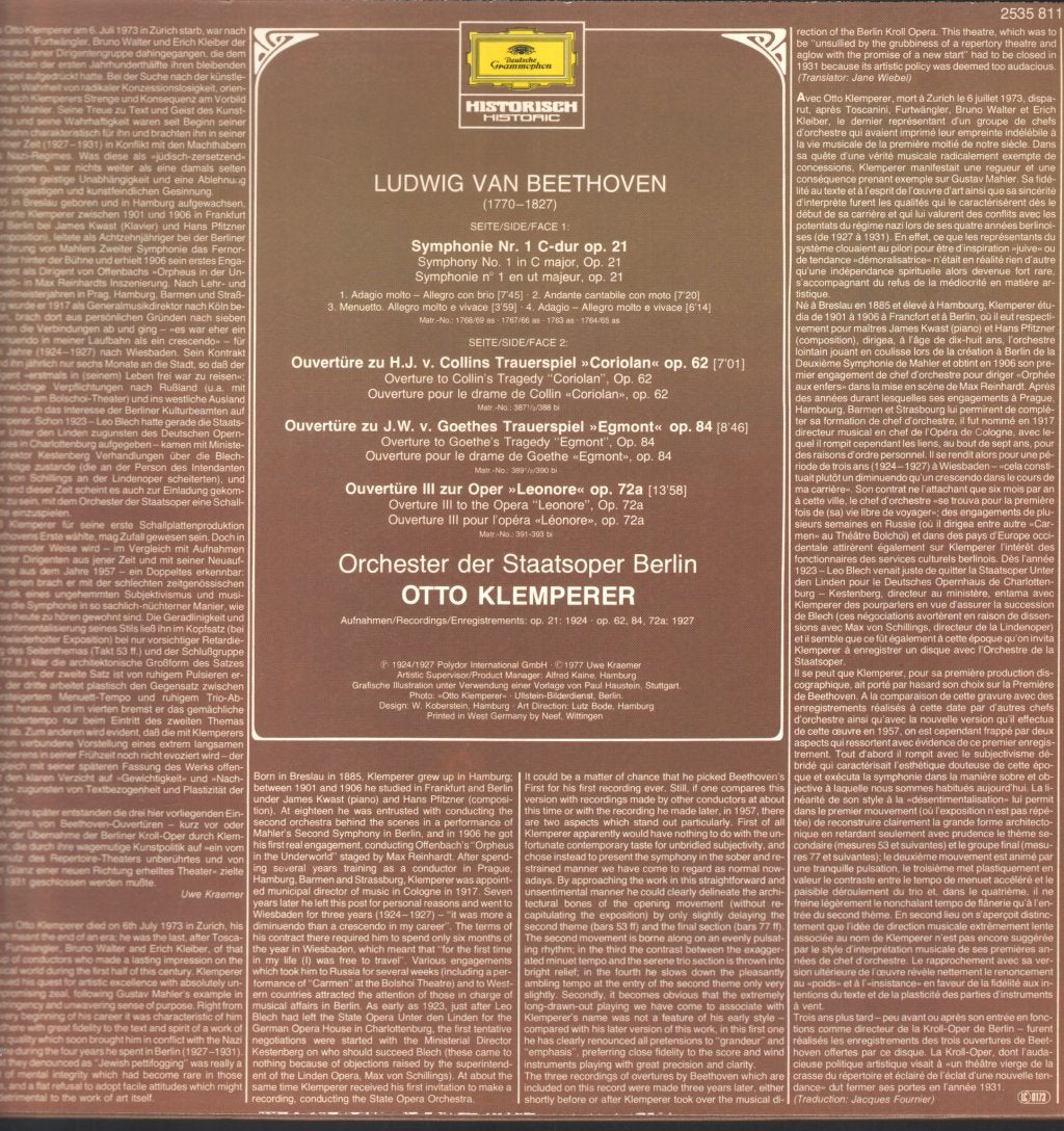Otto Klemperer / Orchester Der Staatsoper Berlin - Beethoven - Symphonie Nr.1 / Ouvertüren: Coriolan · Egmont · Leonore III - Lp