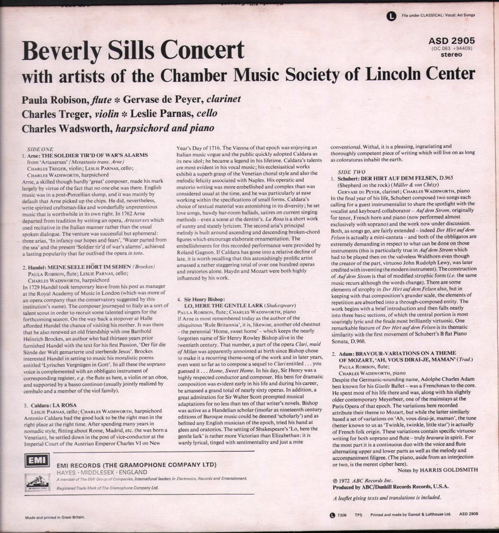 Beverly Sills / Artists Of The Chamber Music Society Of Lincoln Center / Gervase de Peyer - Beverly Sills Concert - Lp
