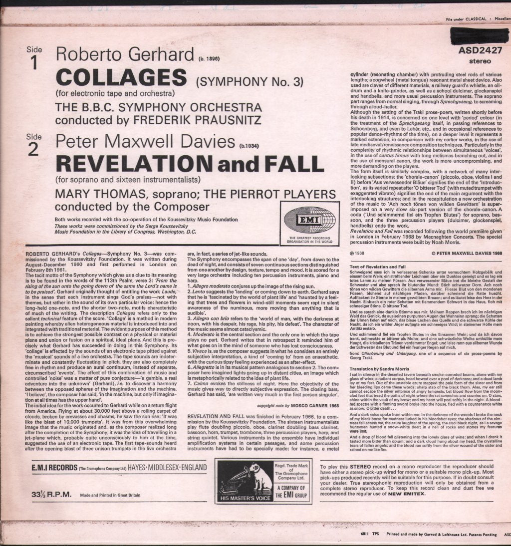 BBC Symphony Orchestra / Frederik Prausnitz / Mary Thomas / Pierrot Players - Roberto Gerhard - Collages (Symphony No. 3) /  Peter Maxwell Davies - Revelation And Fall - Lp