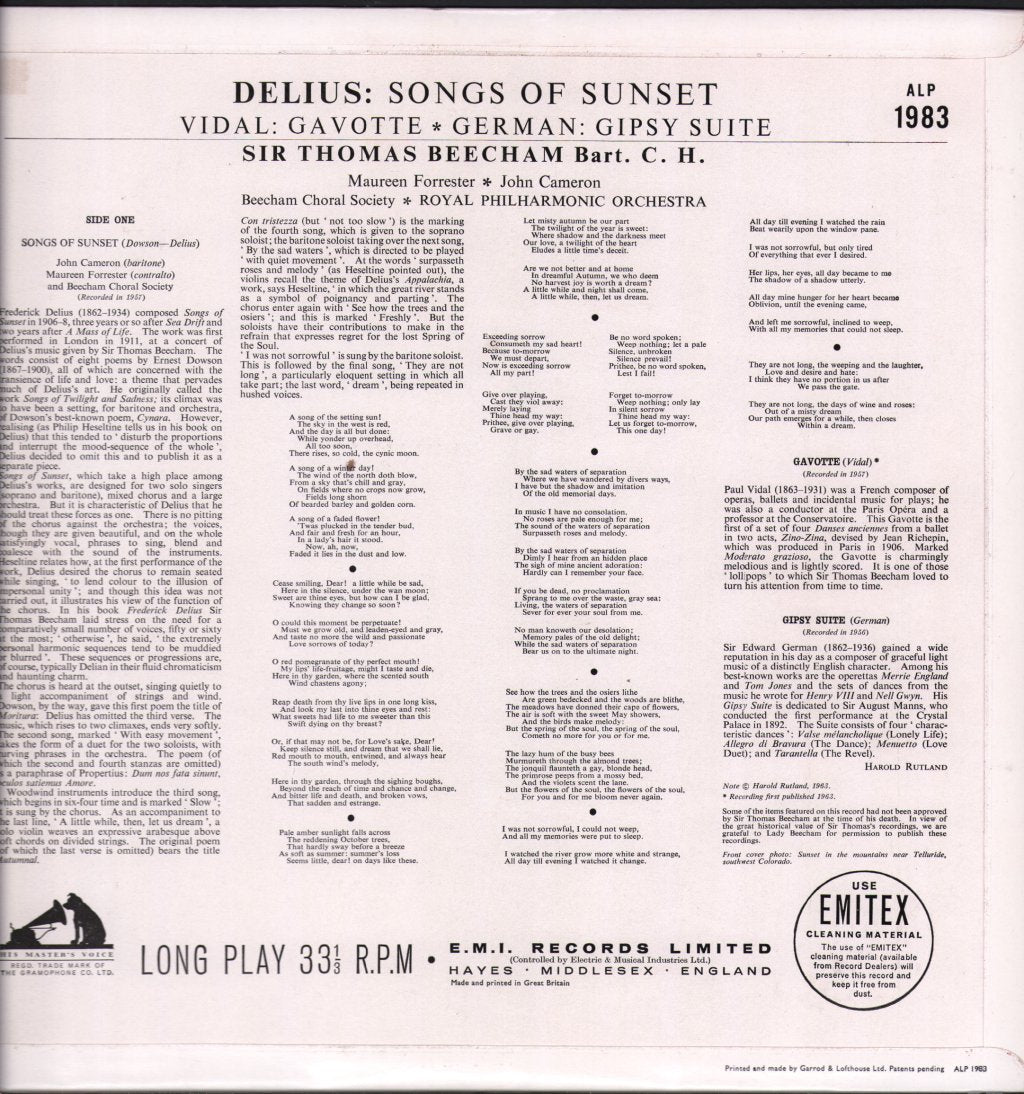 Sir Thomas Beecham / Maureen Forrester / John Cameron / Royal Philharmonic Orchestra - Delius - Songs Of Sunset / Vidal - Gavotte / German - Gipsy Suite - Lp