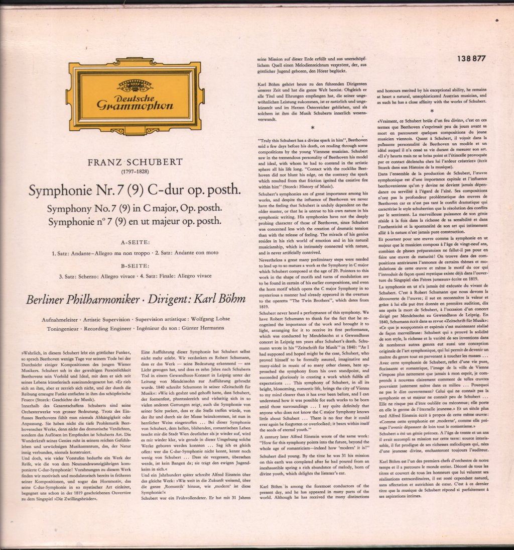 Karl Bohm / Berliner Philharmoniker - Schubert - Symphonie Nr. 7 (9) Op. Posth. - Lp
