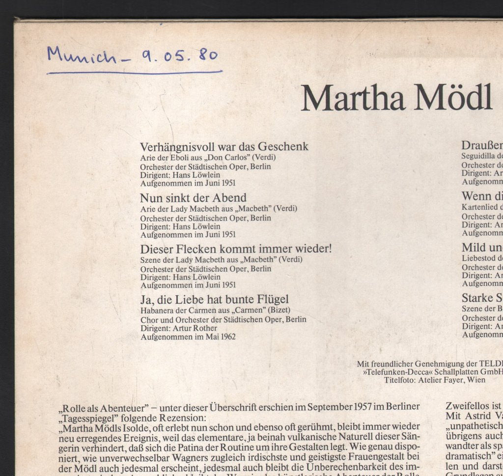 Martha Modl - Arien Und Szenen Aus Don Carlos, Macbeth, Carmen, Tristan Und Isolde, Götterdämmerung - Lp