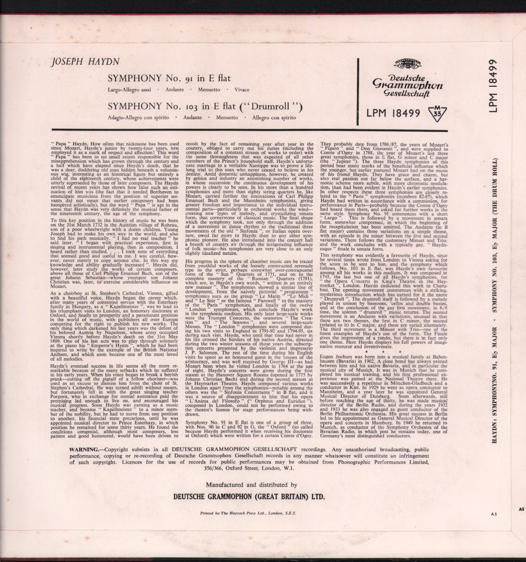 Eugen Jochum / Bavarian Radio Symphony Orchestra - Joseph Haydn - Symphony No. 91 Eb major  / Symphony No. 103 Es-dur (Mit Dem Paukenwirbel) - Lp