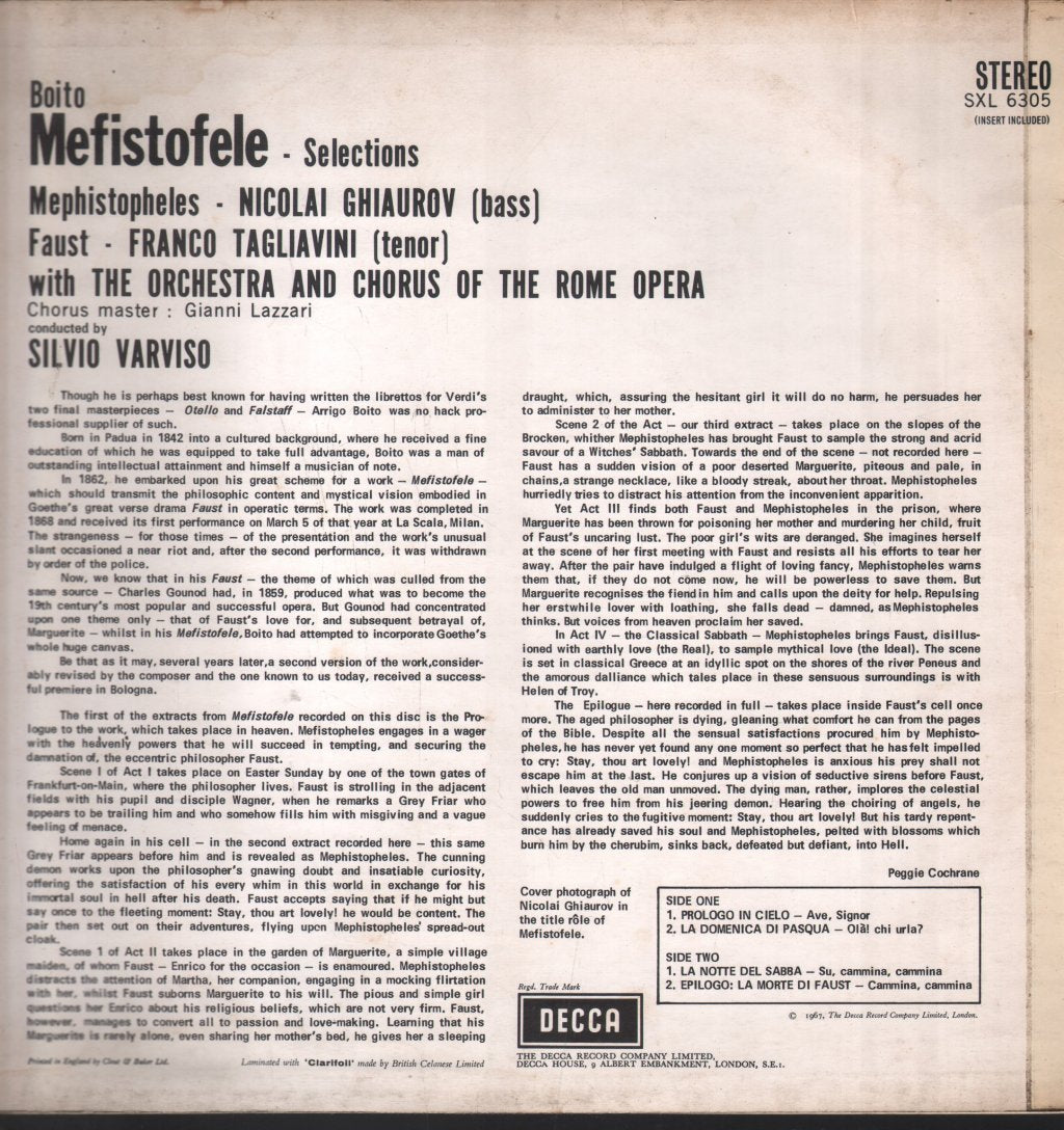 Nicolai Ghiaurov / Franco Tagliavini / Silvio Varviso / Rome Opera Orchestra - Boito - Mefistofele Selections - Lp