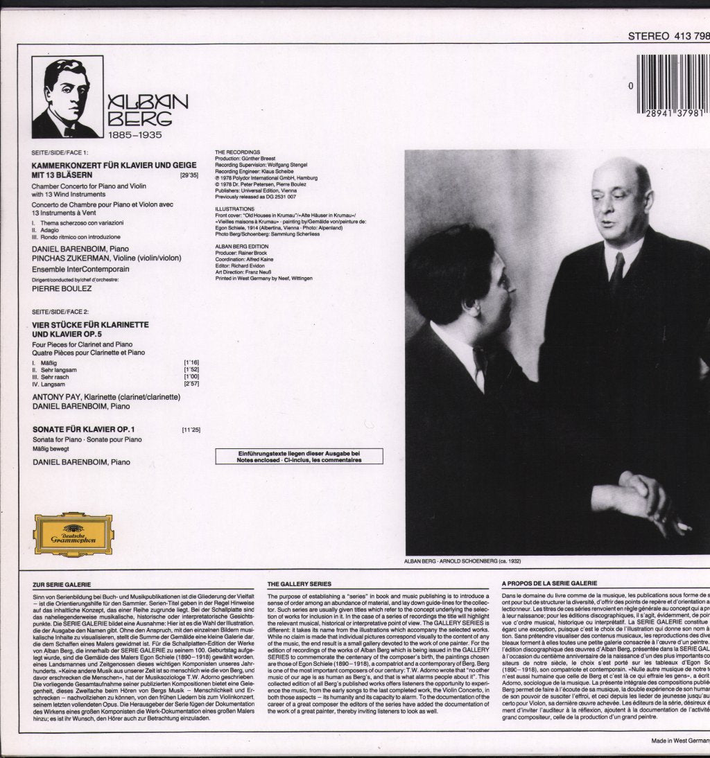Daniel Barenboim / Pinchas Zukerman / Antony Pay / Ensemble Intercontemporain - Alban Berg - Kammerkonzert / Klaviersonate Op.1 - Lp
