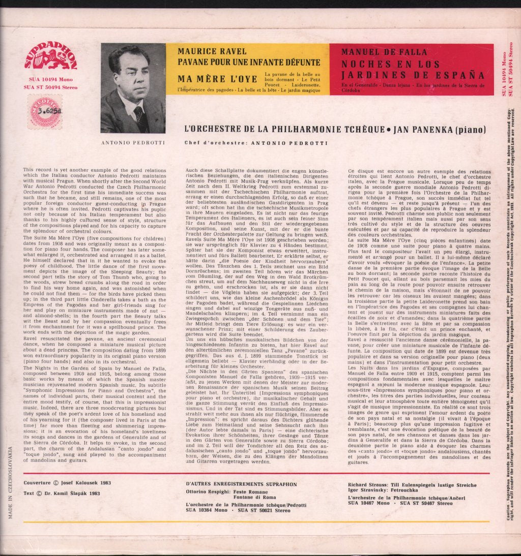 Czech Philharmonic Orchestra / Antonio Pedrotti - Ravel - Ma Mere L´Oye / Pavane Pour Une Infante Défunte / De Falla - Noches En Los Jardines De España - Lp