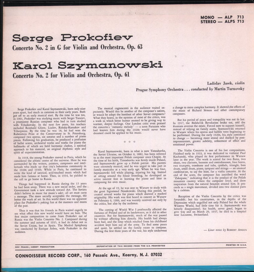 Ladislav Jasek / Prague Symphony Orchestra / Martin Turnovsky - Prokofiev - Violin Concerto No. 2 In G / Szymanowski - Violin Concerto No. 2 - Lp