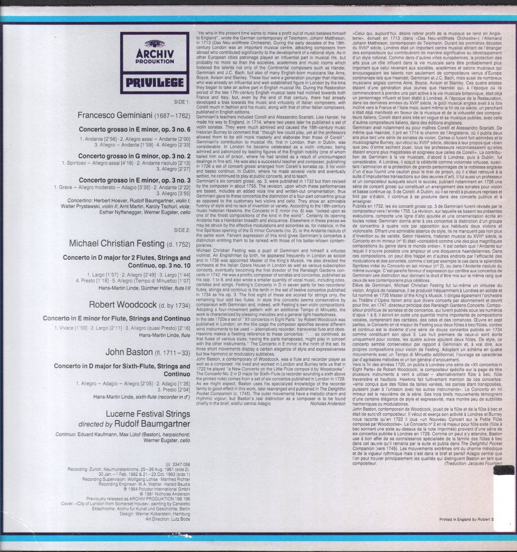 Hans-Martin Linde / Lucerne Festival Strings / Rudolf Baumgartner - Music in London at The Time of Handel - Lp