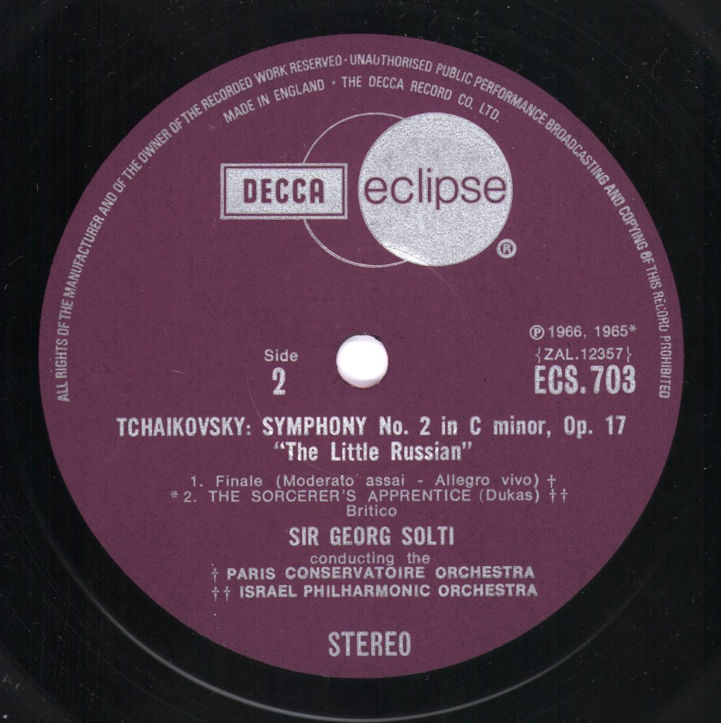 Sir Georg Solti / Paris Conservatoire / Israel Philharmonic - Tchaikovsky - Symphony No. 2, ("Little Russian") / Dukas - Sorcerer's Apprentice - Lp