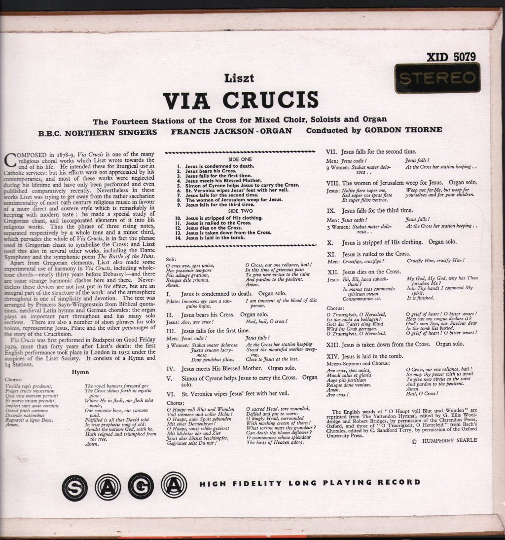 BBC Northern Singers / Francis Jackson / Gordon Thorne - Liszt - Via Crucis - The Fourteen Stations Of The Cross For Mixed Choir, Soloists And Organ - Lp