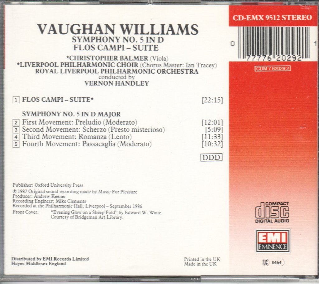 Vaughan Williams - Christopher Balmer, Royal Liverpool Philharmonic Orchestra, Liverpool Philharmonic Choir, Vernon Handley - Symphony No.5 In D / Flos Campi - Suite - Cd