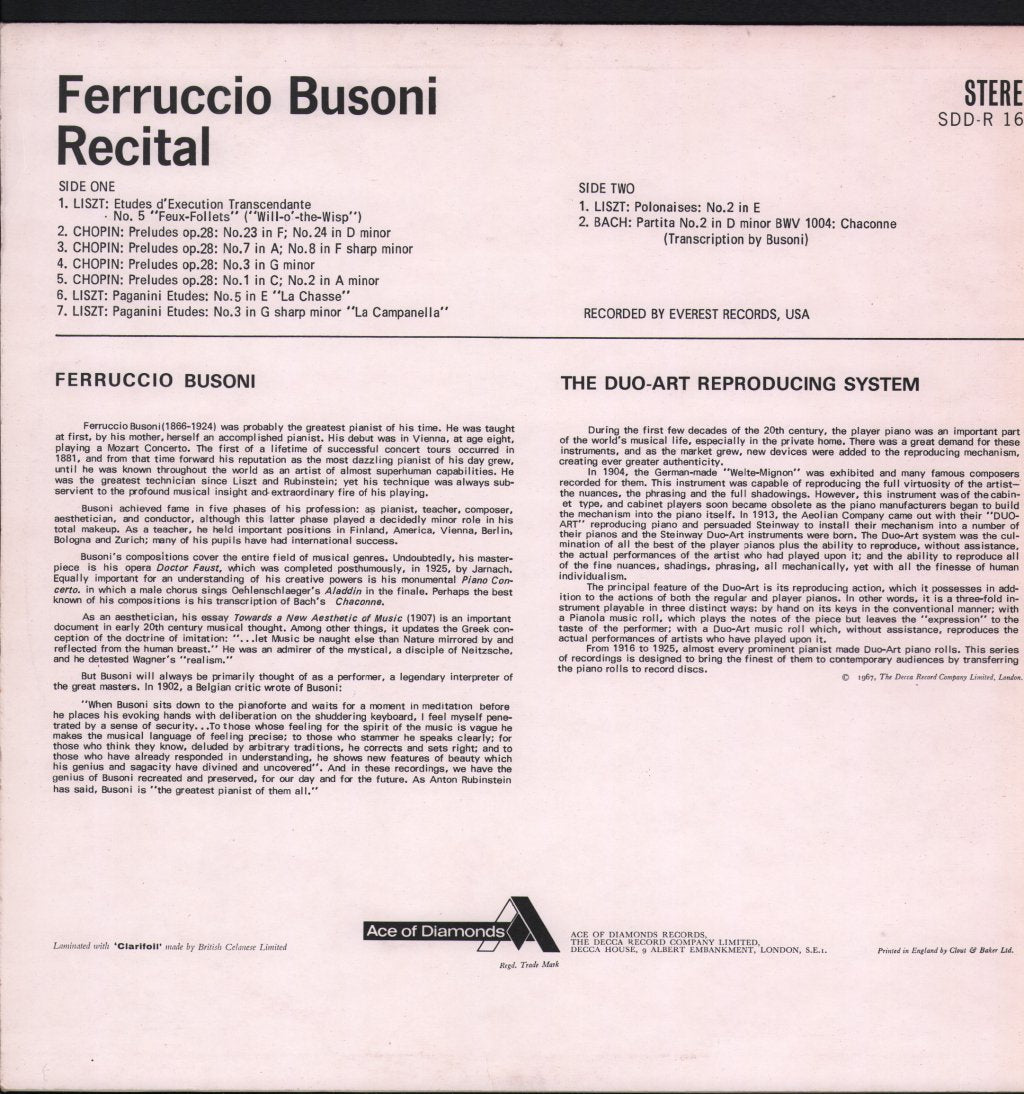 Ferruccio Busoni - Ferruccio Busoni Recital - Lp