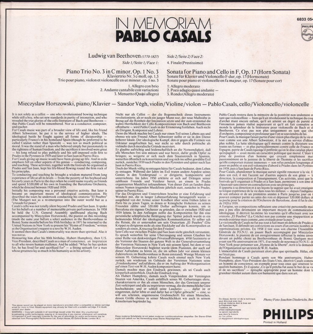 Pablo Casals - In Memoriam - Beethoven Piano Trio Op.1 No.3 - Lp