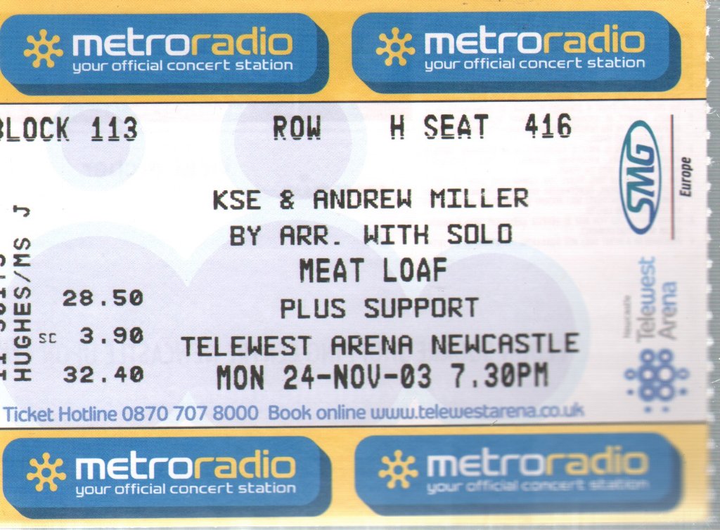 Meat Loaf - Telewest Arena 24th November 2003 - Ticket