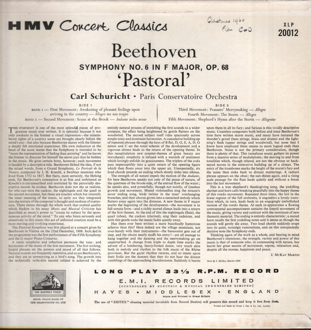 Carl Schuricht / Paris Conservatoire Orchestra - Beethoven - 'Pastoral' Symphony - Lp