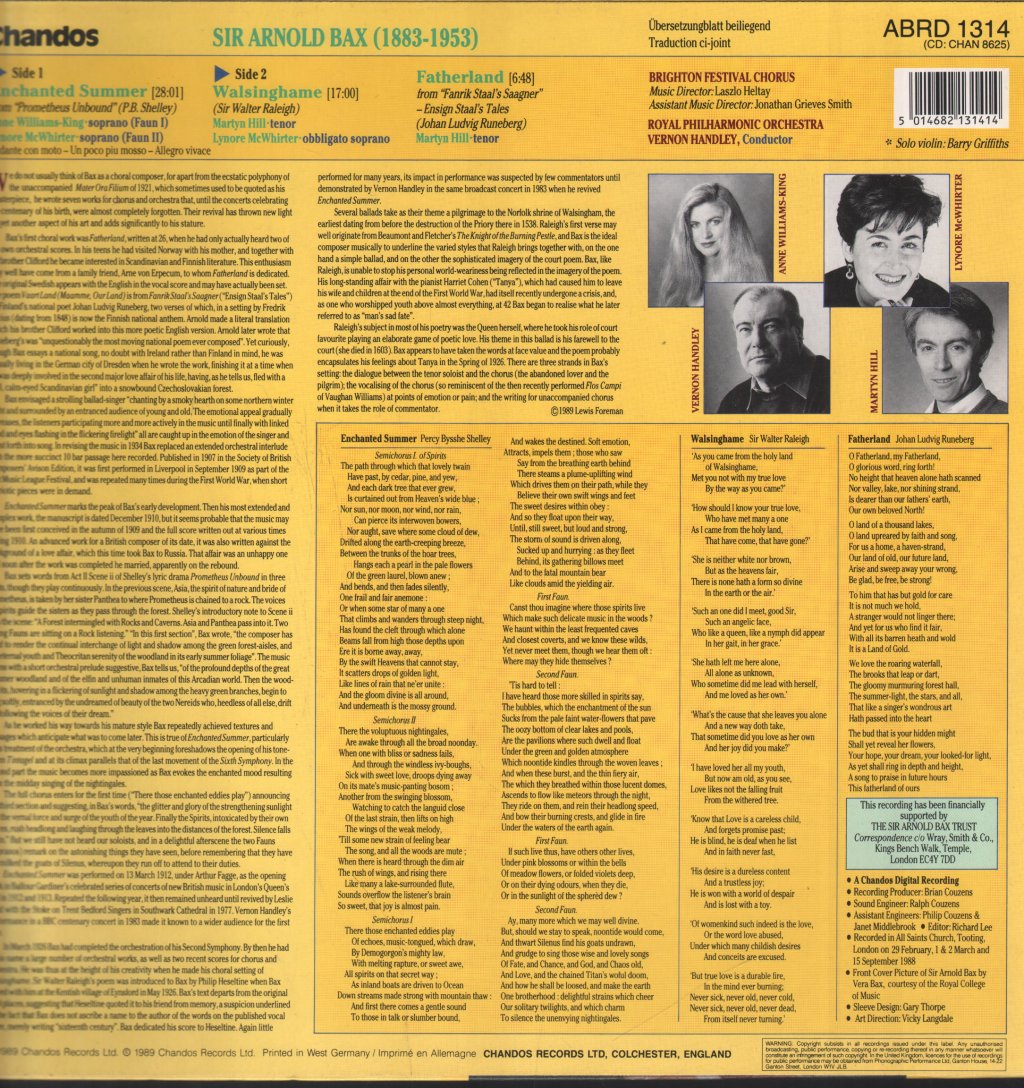 Anne Williams-King / Martyn Hill / Brighton Festival Chorus / Royal Philharmonic / Vernon Handley - Arnold Bax - Choral Works - Lp