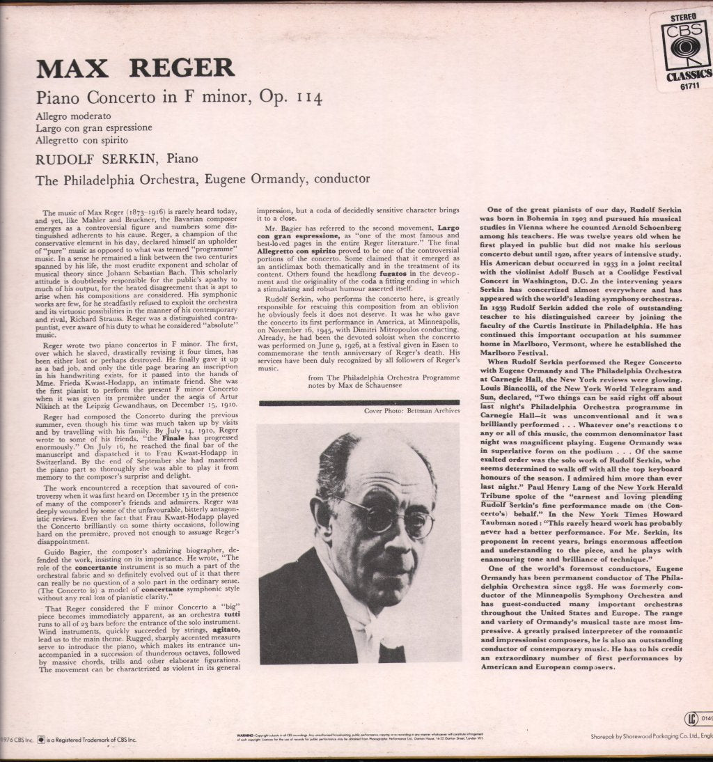 Rudolf Serkin / Eugene Ormandy / Philadelphia Orchester - Max Reger - Konzert Für Klavier Und Orchester F-Moll Op. 114 - Lp