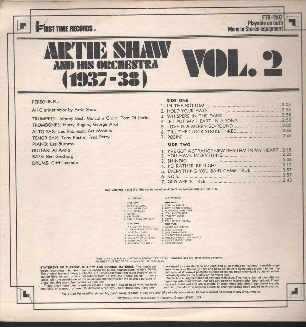 Artie Shaw And His Orchestra - 1937-38 - Vol. 2 - Lp