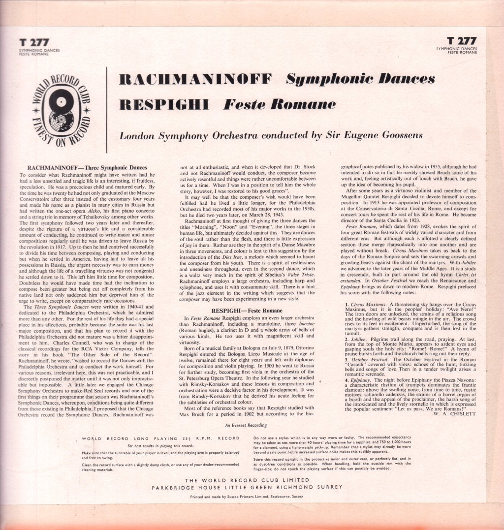 London Symphony Orchestra - rachmaninoff Symphonic Dances / respighi Feste Romane - Lp
