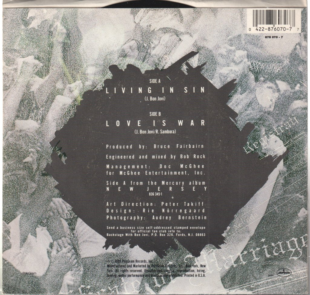 Bon Jovi - Living In Sin - 7 Inch