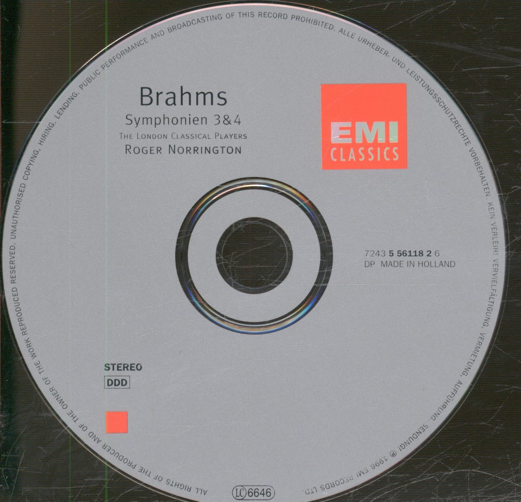 Roger Norrington, London Classical Players - Brahms - Symphonien 3 & 4 - Cd