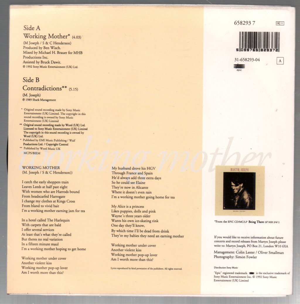 Martyn Joseph - Working Mother - 7 Inch