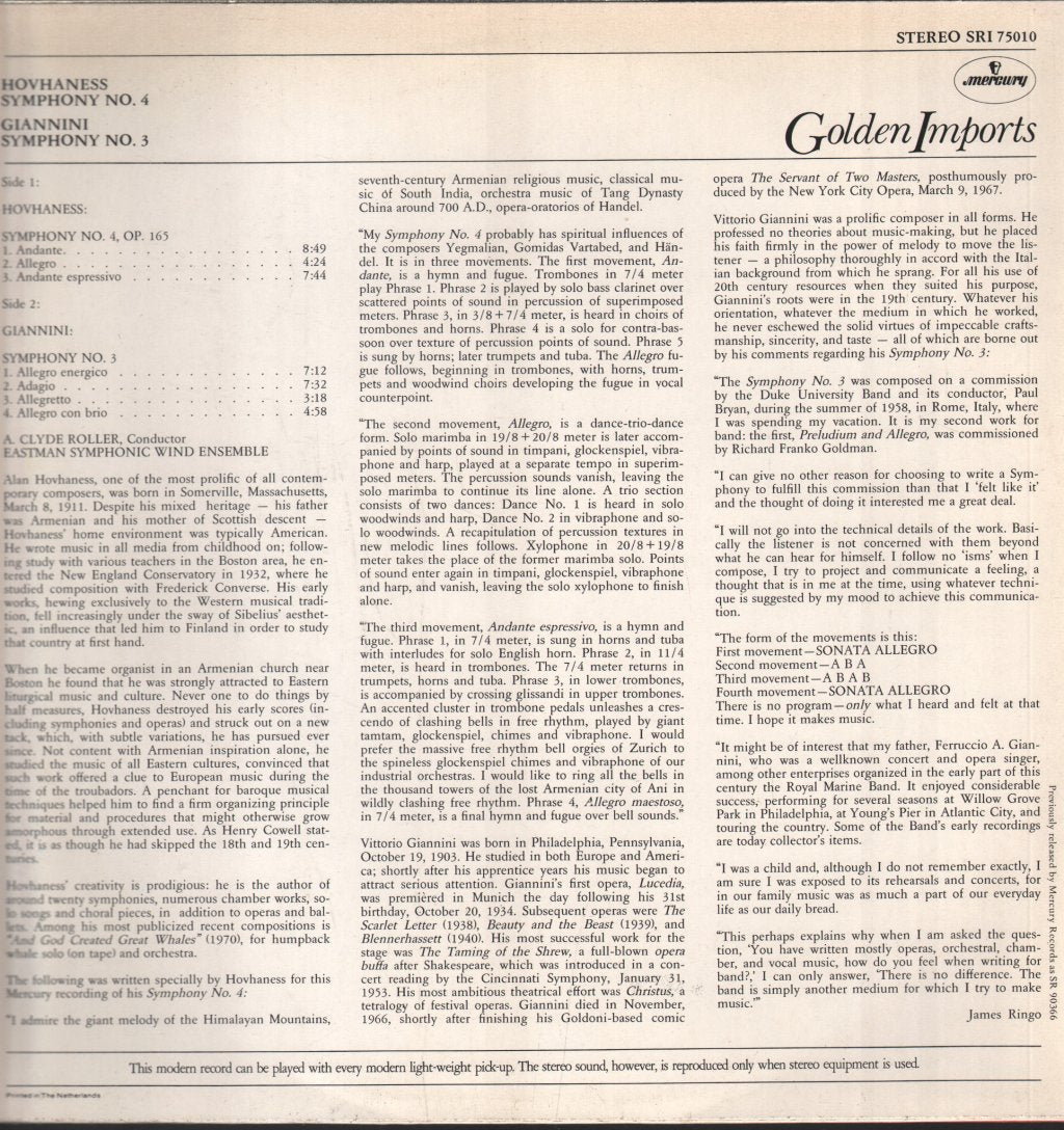 Eastman Wind Ensemble / A. Clyde Roller - Hovhaness - Symphony No. 4 / Giannini - Symphony No. 3 - Lp