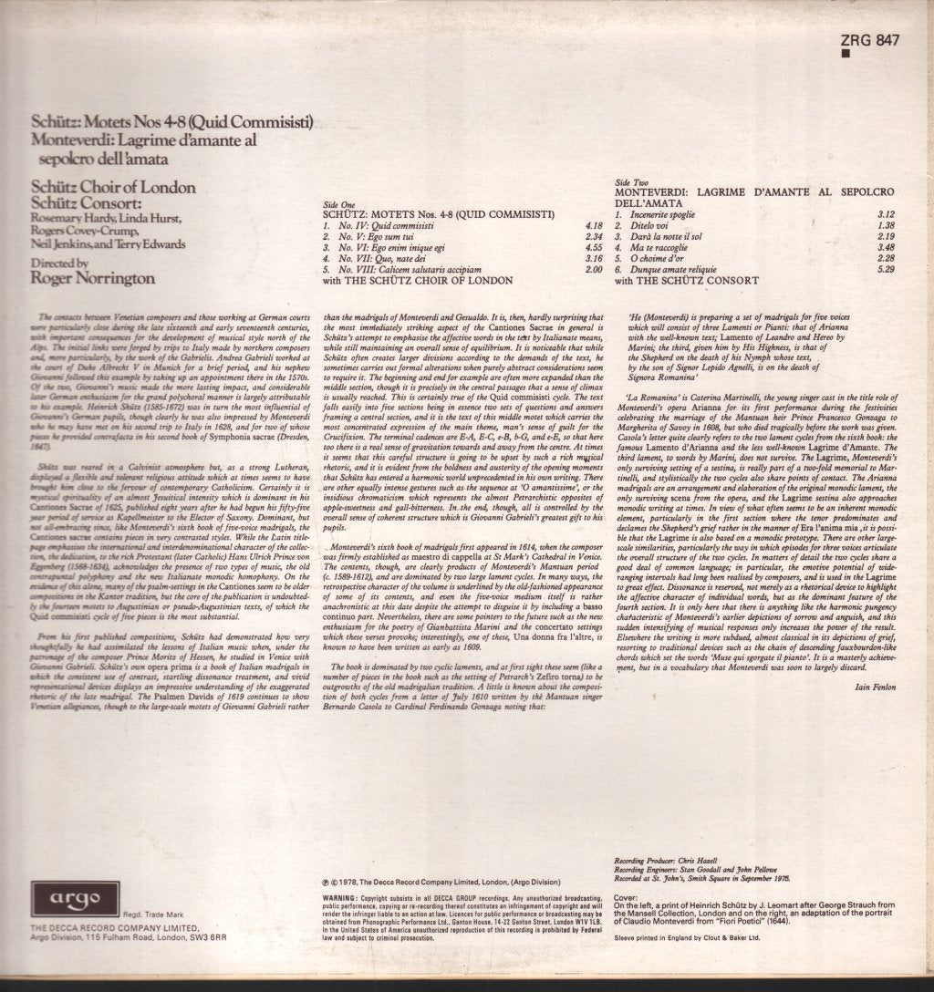Schutz Choir Of London / Roger Norrington - Schutz - Motets Nos 4-8 (Quid Commisisti) / Monteverdi - Lagrime D'Amante Al Sepolcro Dell'Amata - Lp