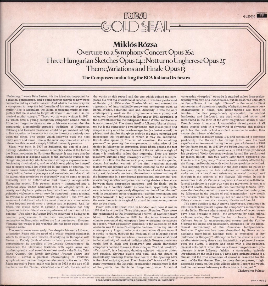 Miklos Rozsa / RCA Italiana Orchestra - Miklos Rozsa - Overture To A Symphony Concert - Lp