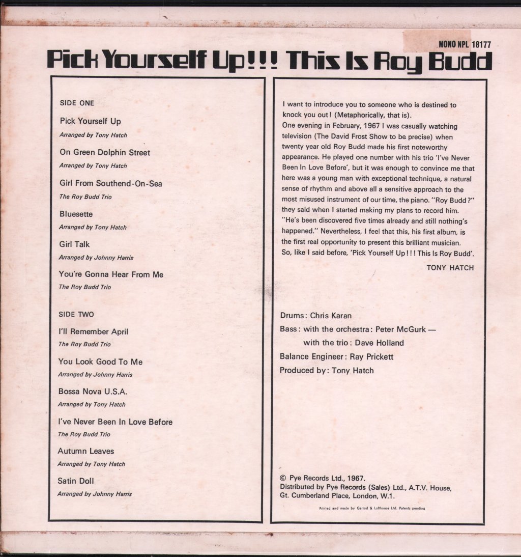 Roy Budd - Pick Yourself Up!!! - Lp
