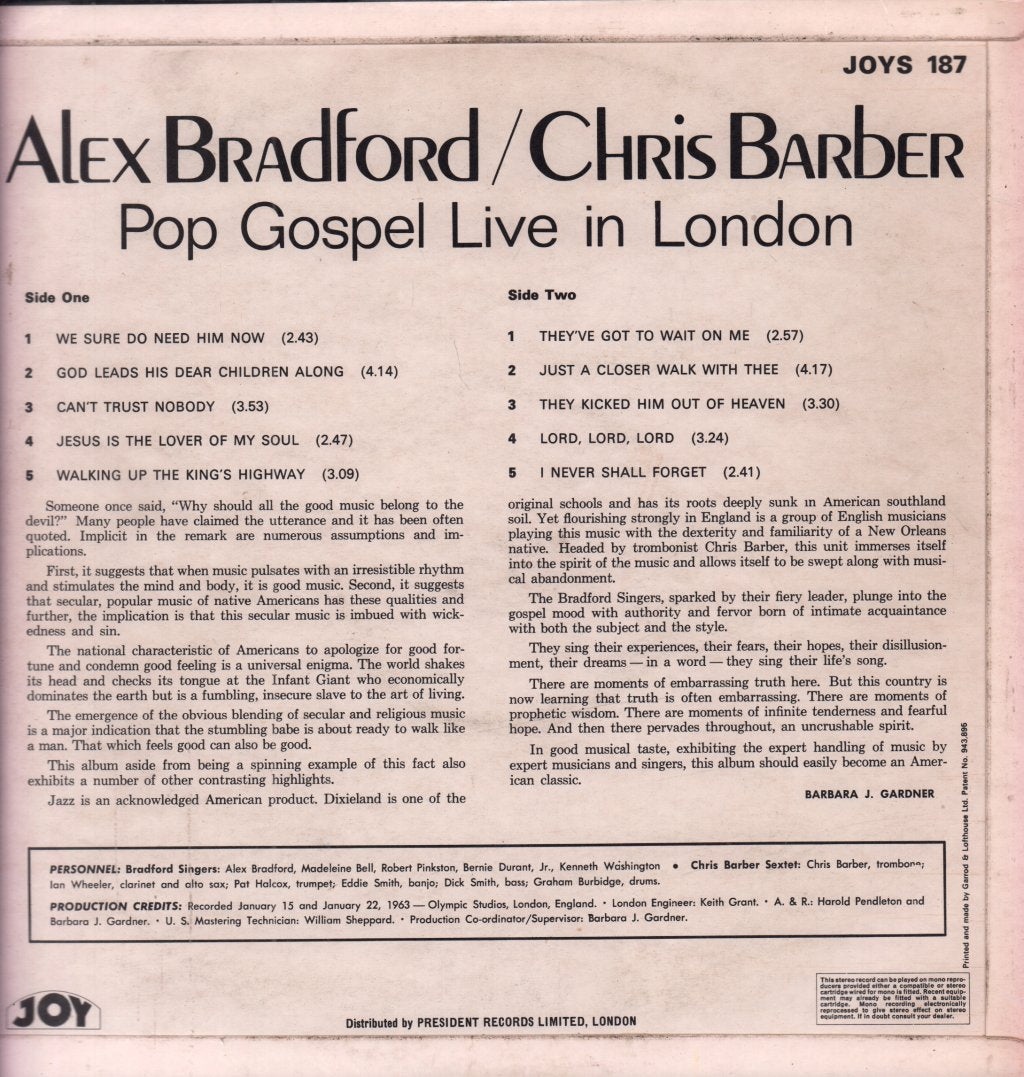 Alex Bradford And Chris Barber - Pop Gospel Live In London - Lp