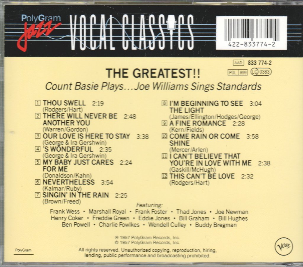 Joe Williams - Greatest!! Count Basie Plays...Joe Williams Sings Standards - Cd