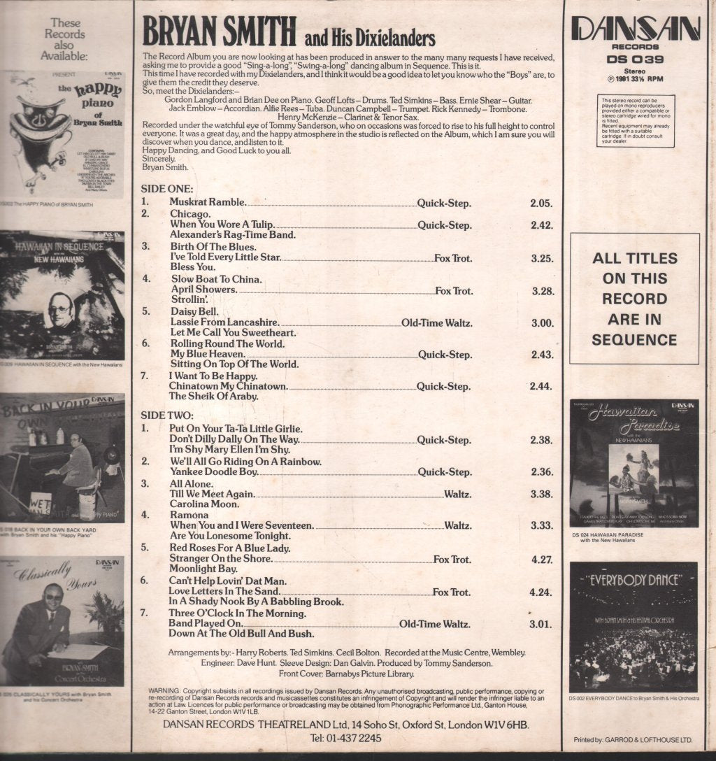 Bryan Smith And His Dixielanders - Riverboat Shuffle - Lp