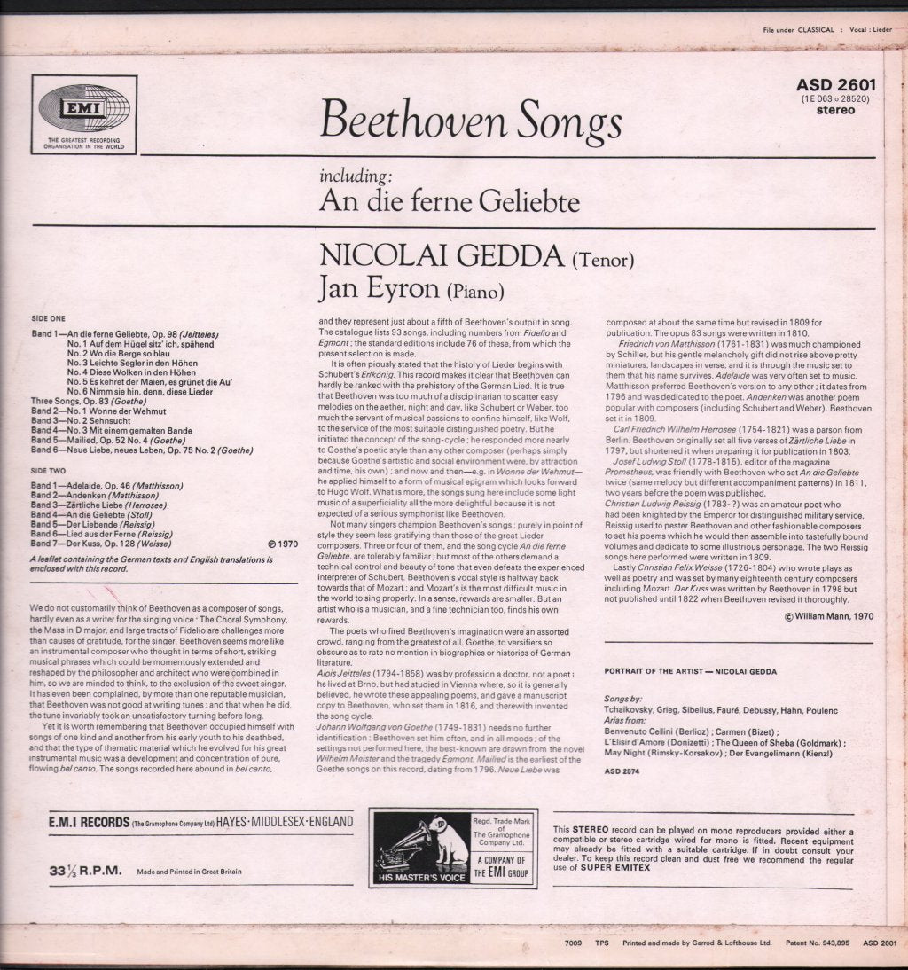 Nicolai Gedda / Jan Eyron - Beethoven Songs Including "An Die Ferne Geliebte" - Lp