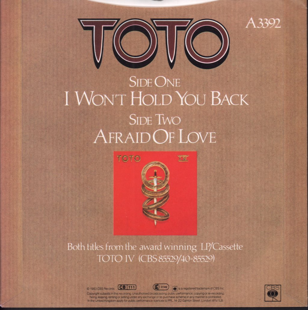 Toto - I Won't Hold You Back - 7 Inch