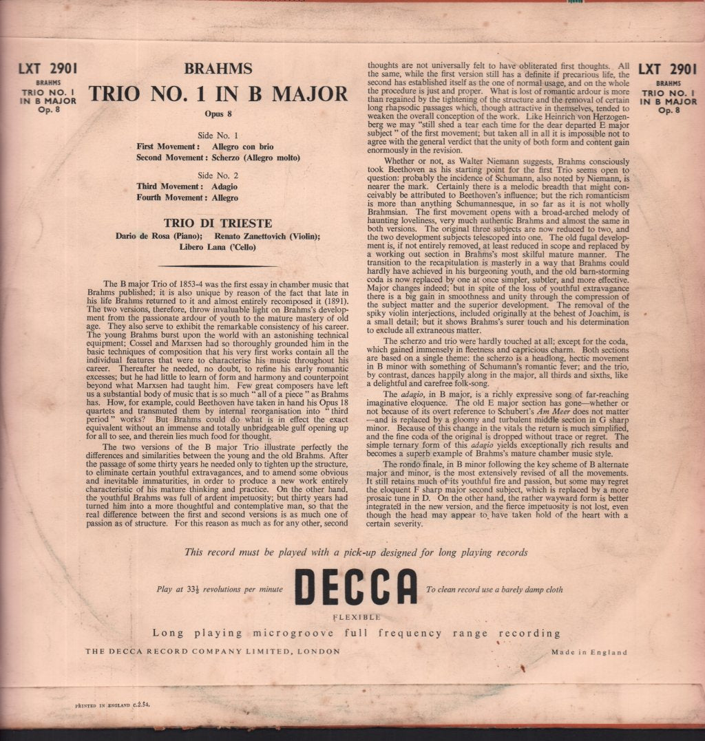 Trio Di Trieste - brahms Trio No. 1 In B Major Op. 8 - Lp