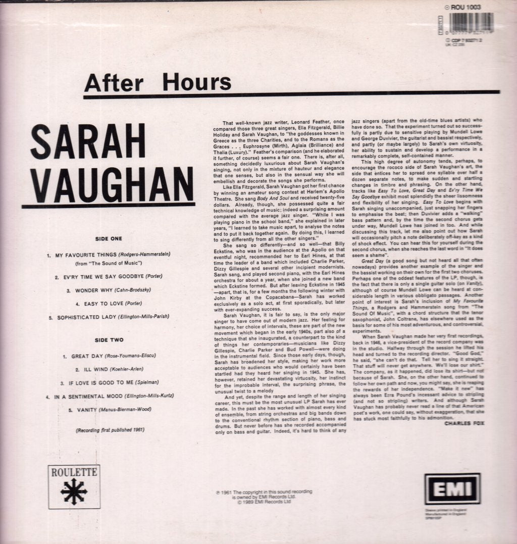 Sarah Vaughan - After Hours - Lp