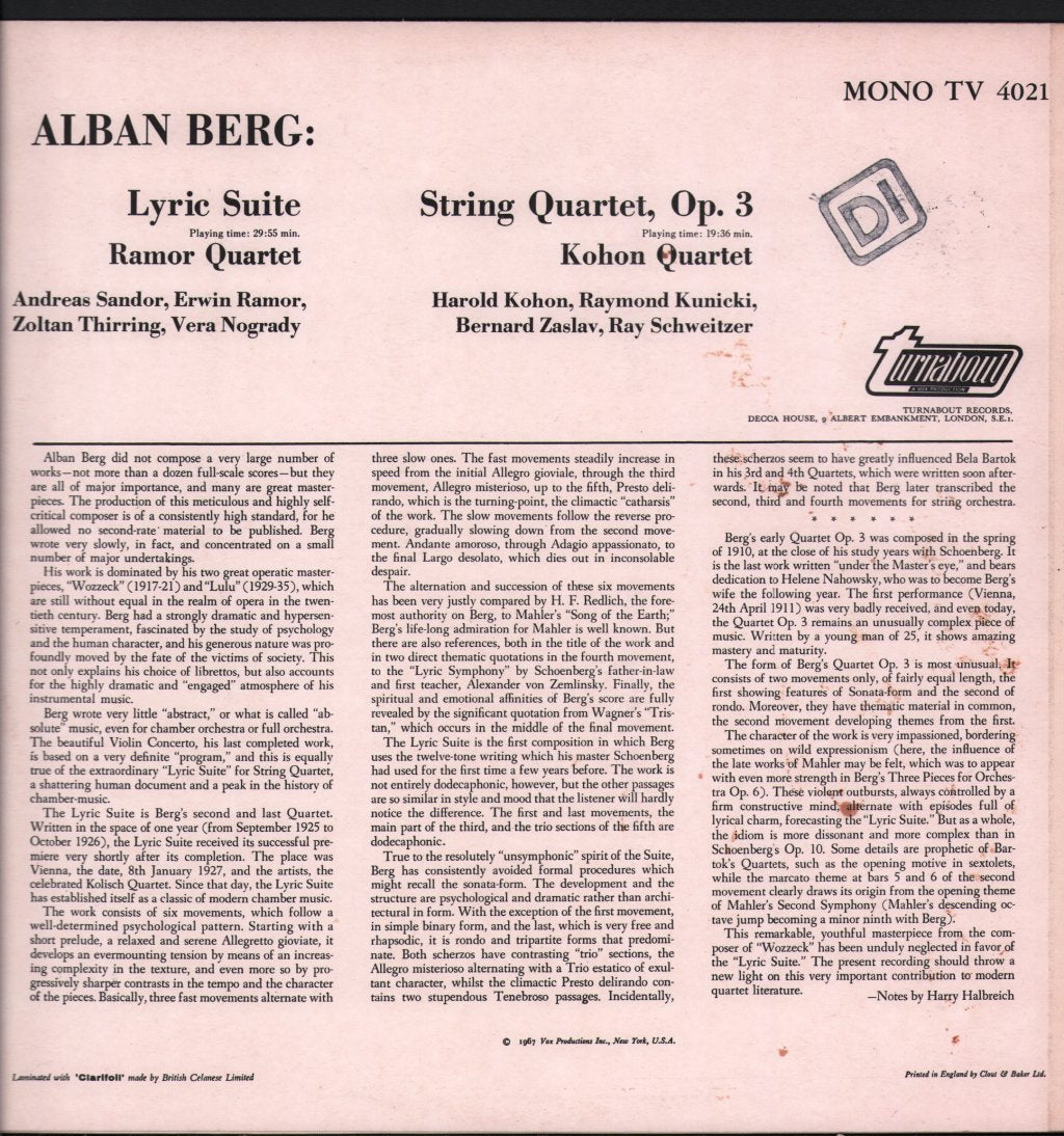 Ramor Quartet / Kohon Quartet Of New York University - Berg - Lyric Suite For String Quartet / String Quartet, Op. 3 - Lp