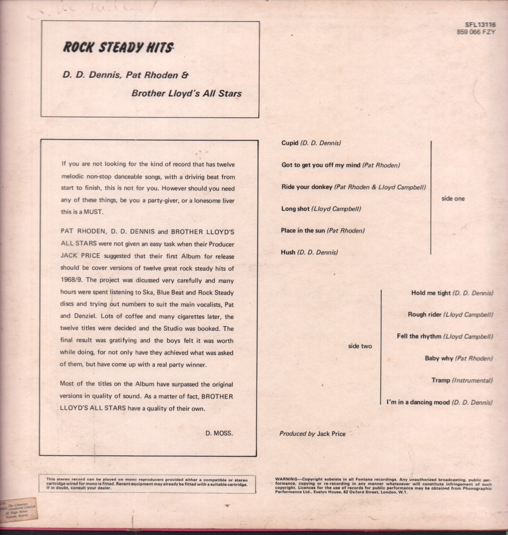 D D Dennis Pat Rhoden And Brother Lloyds All Stars - Rock Steady Hits - Lp